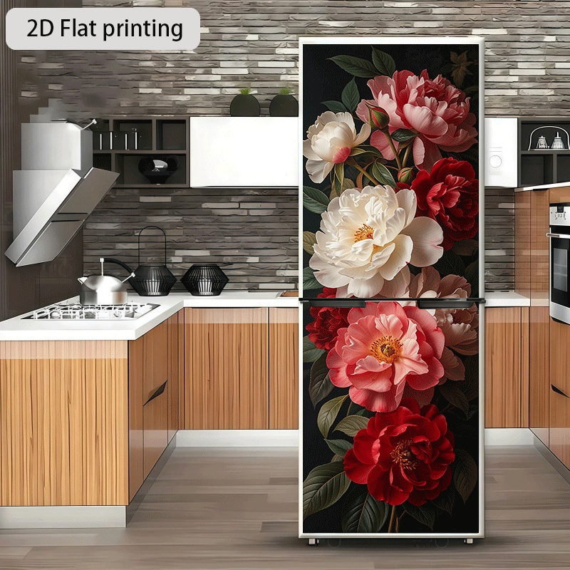 TEMU 1pc Of 2d Flat Printed Refrigerator Sticker, Measuring 60×180 Cm, Featuring A Peony Design. This Self-adhesive Wall Decoration Is Suitable For