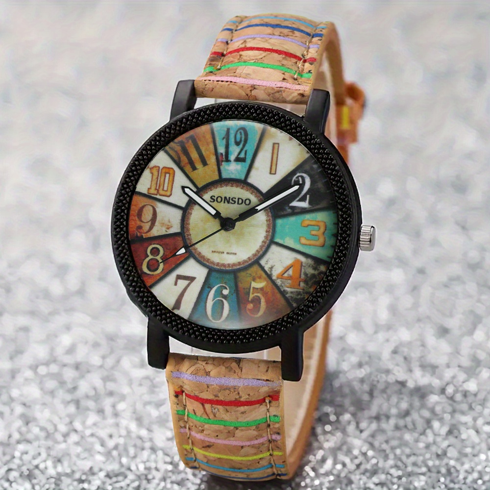 vintage women's quartz watch pu leather strap sub dial retro
