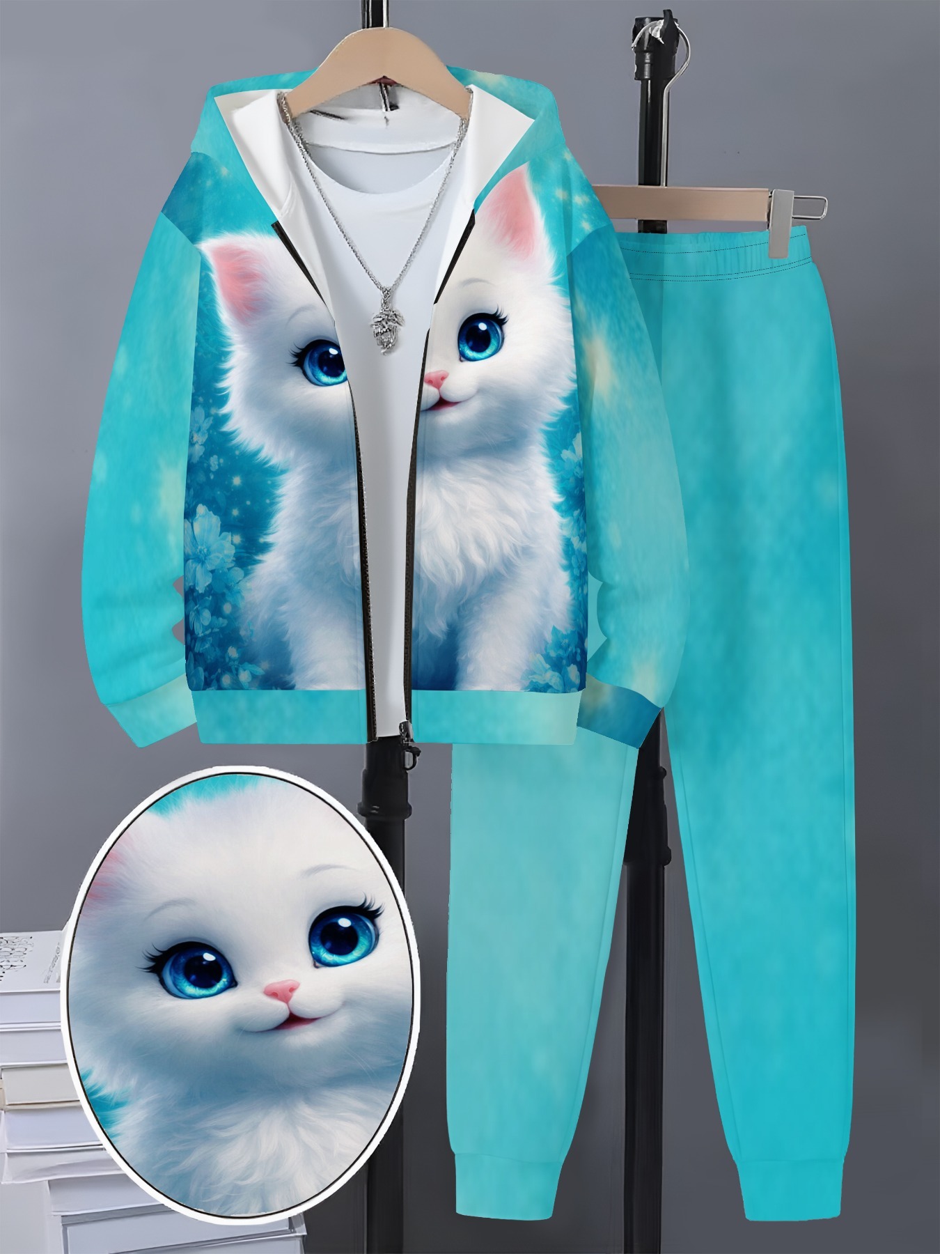 Girls' Stylish Hooded Zip-Up Sweatshirt and Long Pants Set