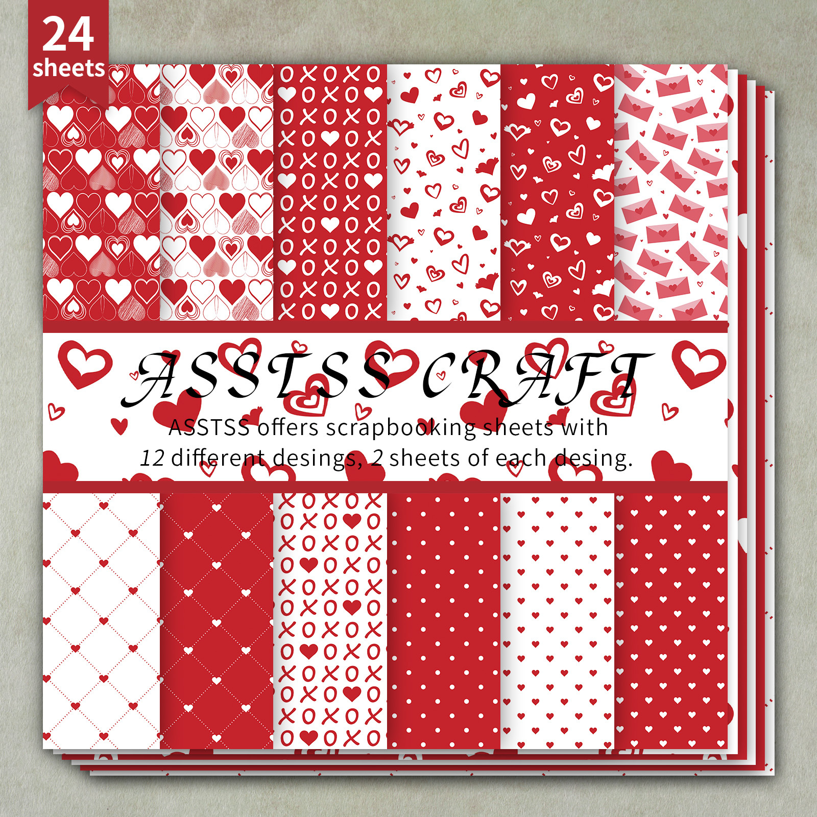 TEMU Bloc de papier scrapbooking ASSTSS de 24 feuilles 6*6 pouces | Motif cœur rétro pour la Saint-Valentin, papier cartonné épais pour journaling,