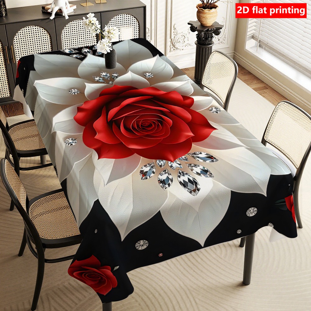 TEMU [2d] Tablecovers 1pc Red Rose Black And White Tablecloth Red Rose With Pattern Suitable For Home Kitchen Party Holiday Dining And Banquet