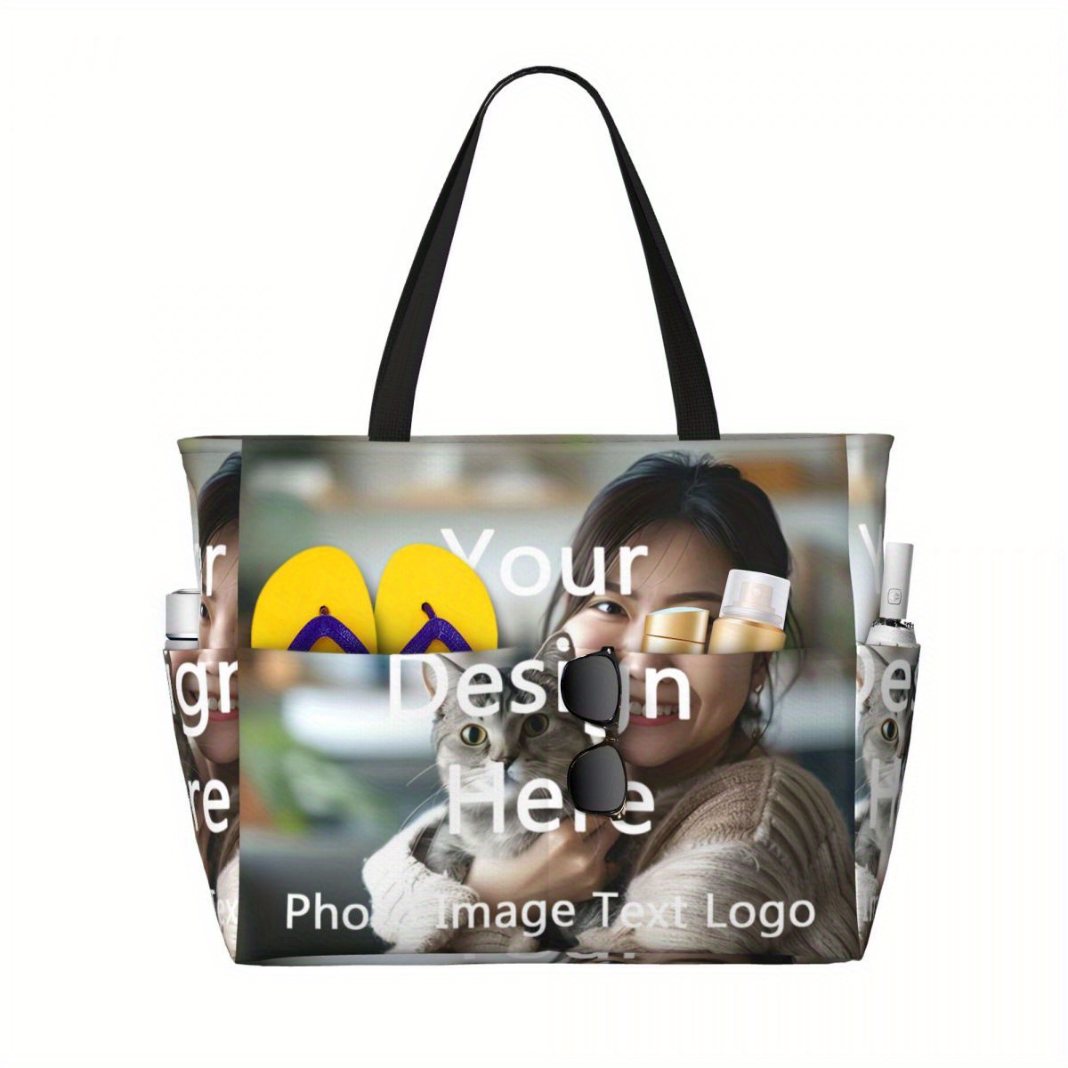 TEMU Customizable Women's Tote Bag - Add Your Photo & Text, Durable Polyester Shoulder Handbag For Shopping, Beach, Travel
