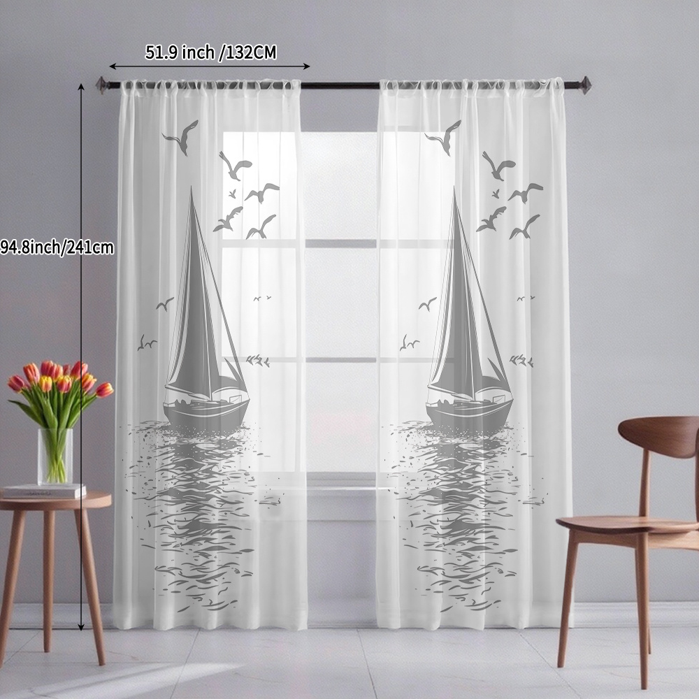 TEMU : 2pcs, Polyester Fiber, Sheer Curtains, Sailboat, Sailing, Seagull, Art Painting, Elegant Gray Series, Home Window Decoration, 2d Flat Digital