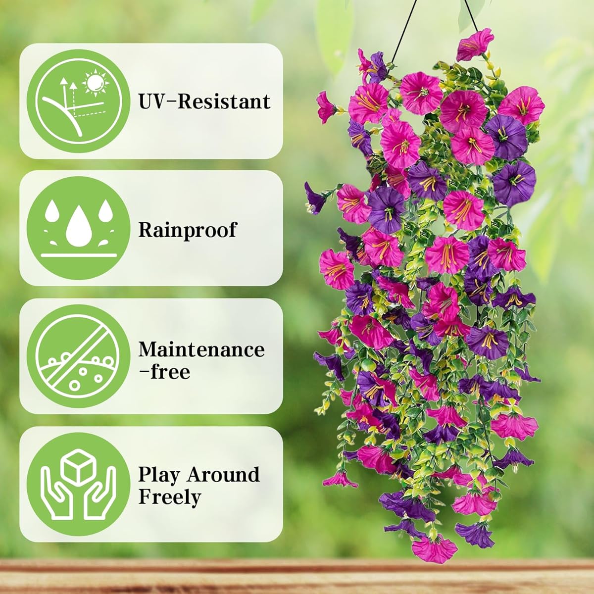 Image of 2pcs Realistic Artificial Hanging Flowers Outdoor/ - Uv-resistant Fake Vines With Gradient, 29-inch Trailing Pe Stems For Garden, Porch, Wedding, Balcony - Hanging Baskets & Pots Decor (no