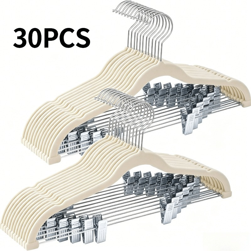 Image of 30-pack Heavy-duty Ivory/grey/black Velvet Clothes Hangers With Metal Clips, Sturdy Durable Garment Hangers For Home Closet Storage & Clothing Boutique Display