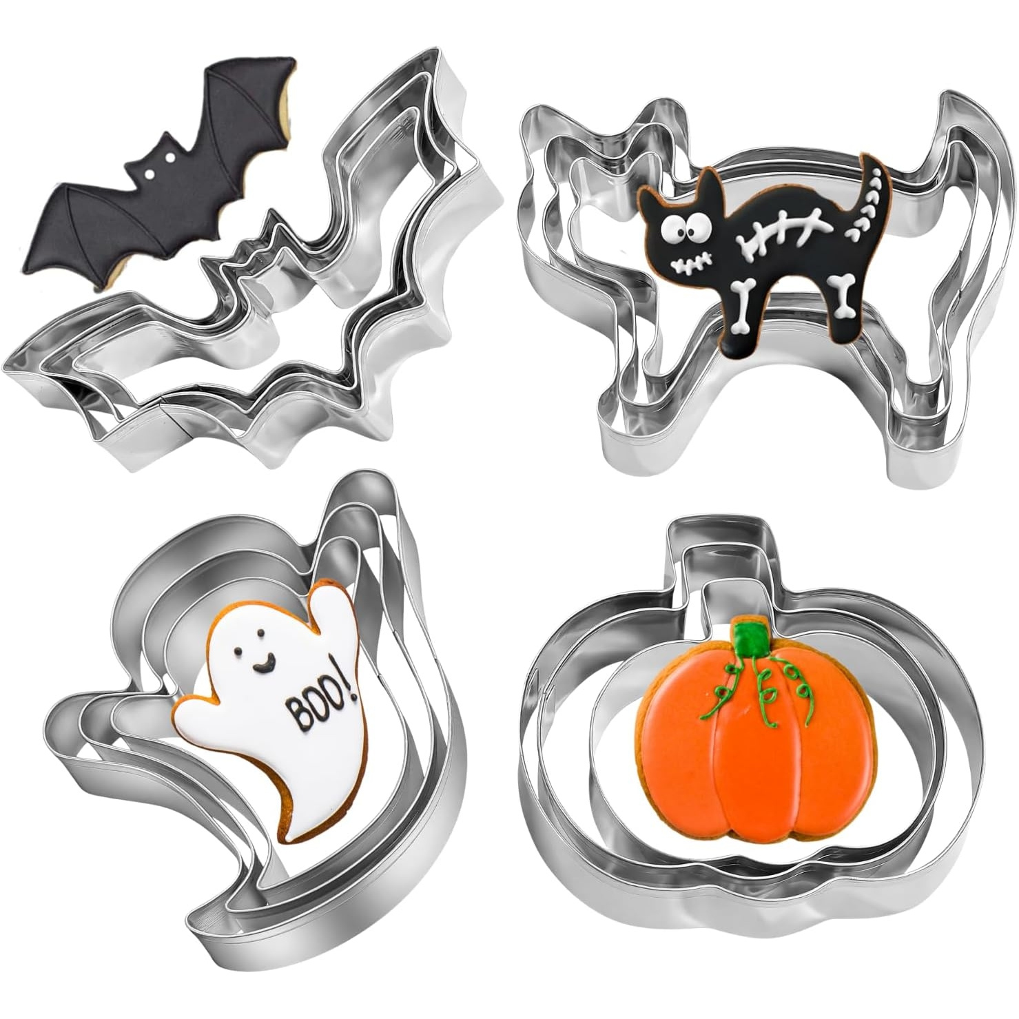 TEMU 12pcs Halloween Themed Cookie Cutter Set - Includes 4 Designs: Bat, Pumpkin,, And , 3 Sizes Each. Made Of 430 Stainless Steel, Suitable For