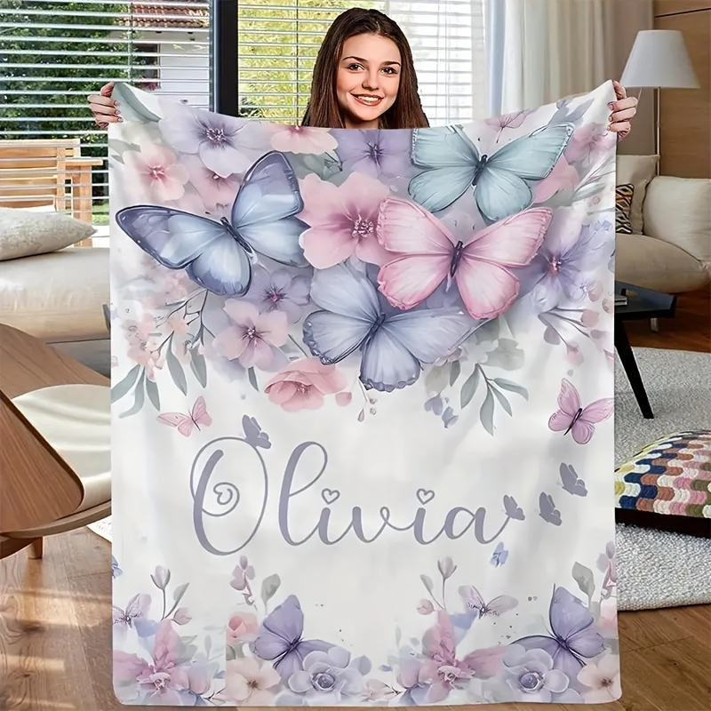 TEMU 1pc Custom Floral Pattern Fleece Blanket, Personalized Name Gift, , Machine Washable, For Beach, Camping, Car, Sofa, Pet, Office, , Durable, ,