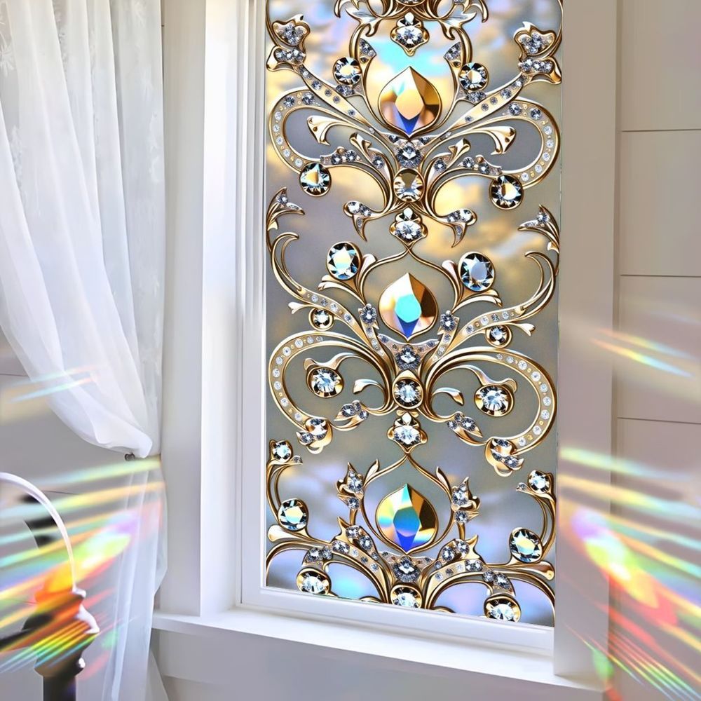 TEMU 1pc Stained Glass Window Film For Bedroom - Ornate Crystal & Golden Arabesque Decal Home Decor, Diy, Multi-scene Application, Light Filtering,