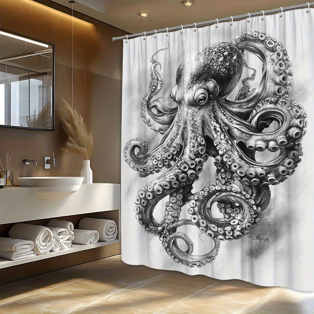 TEMU 1pc Rideau de Douche Dessin de Crayon de Majestueux - Tentacules Réalistes et Intricats, Grands Yeux, Mouvement , Fond Gris Doux, de Créature