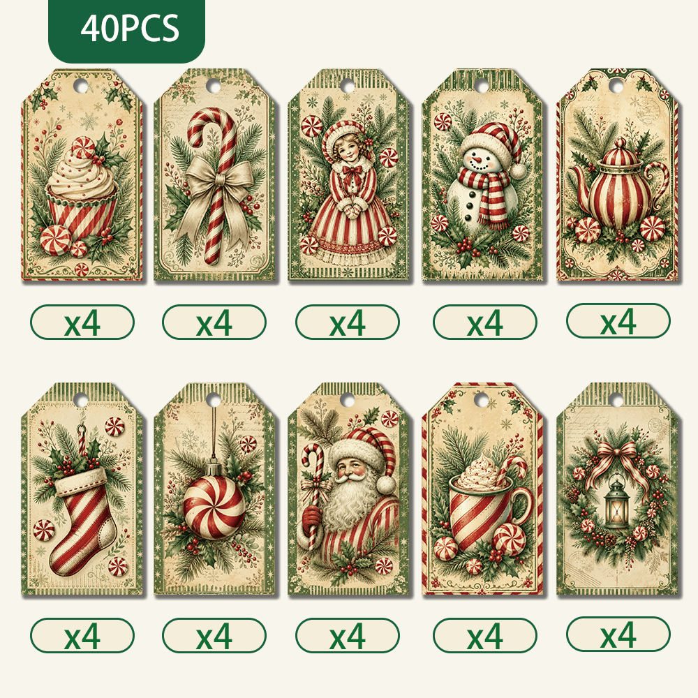 TEMU 40pcs Vintage Green Christmas Hanging Tags, Christmas Labels, Santa Claus, Christmas Snowman, Christmas Stocking And Other Christmas , Hanging
