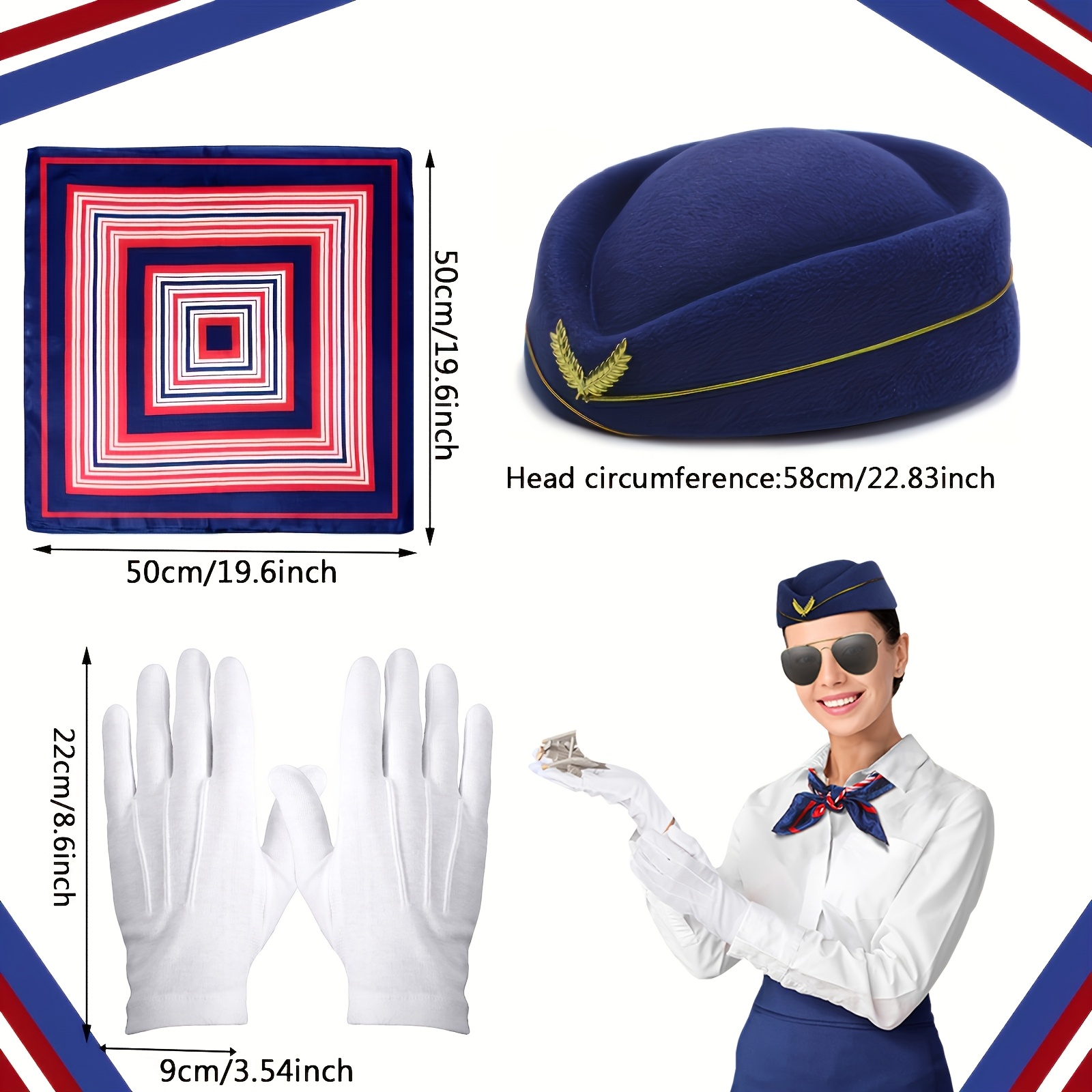 3pcs Women's Flight Attendant Costume Set with Hat, Scarf & Gloves
