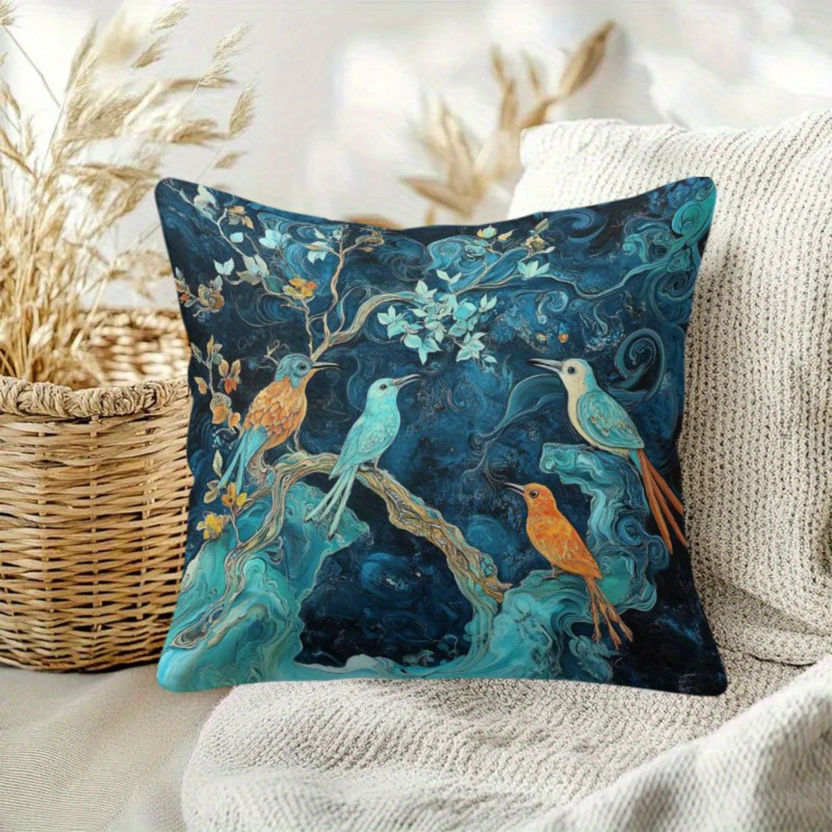 TEMU 1 Double-sided Short Plush Decorative Pillow | Super Soft Fabric With Bird, Branch, And Flower Patterns, Machine Washable, Suitable For Bedroom,
