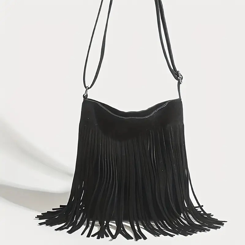 TEMU Lightweight Bohemian-style Tassel Crossbody Bag With Adjustable Shoulder Strap And Closure- Tassel Shoulder Bag Suitable For Any Occasion.