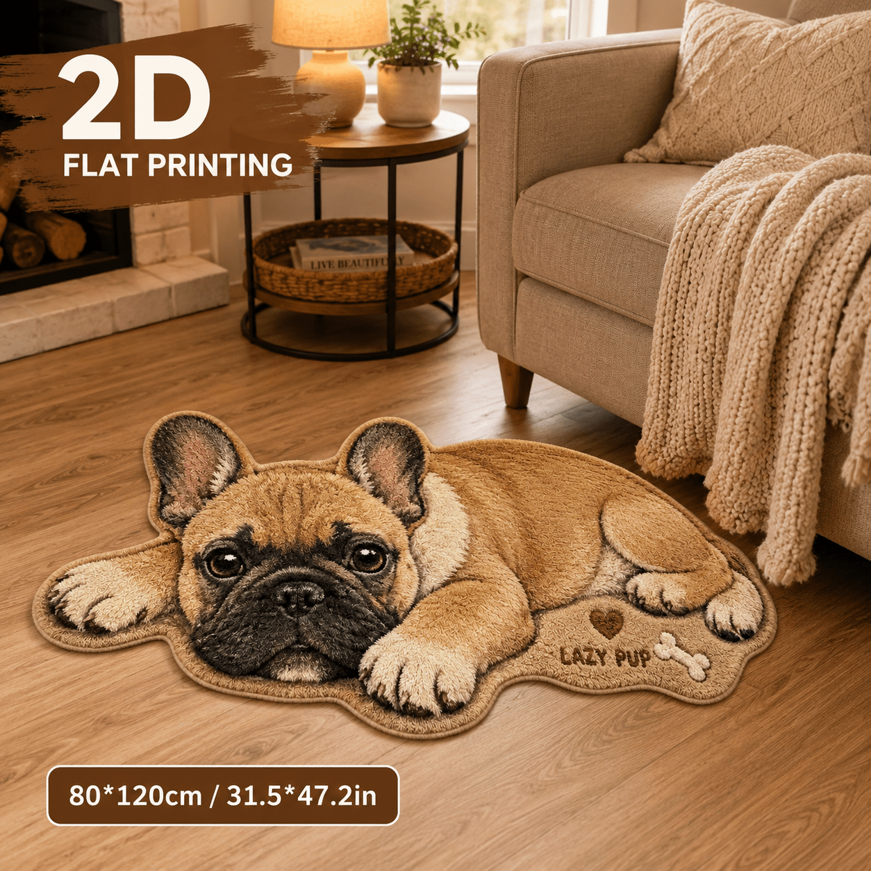 TEMU 1pc 850gsm 7mm Thick Velvet 2d Flat Printed French Bulldog Shaped Rug Non-slip Cute Dog Area Mat Machine Washable For Bedroom Bathroom Living