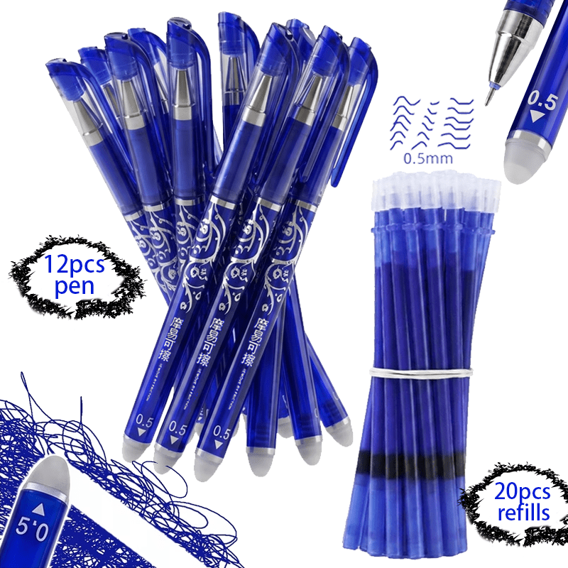 TEMU 12 stylos effaçables avec 20 cartouches d'encre rechargeables, 1 ensemble de stylos avec gomme, encre à séchage rapide et cartouches
