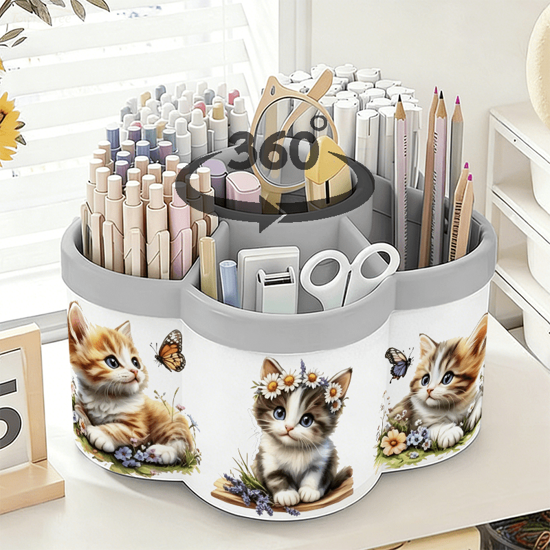 TEMU 360Â° Rotating Desk Organizer With Cat & Stickers - Large Capacity Spinning Pen Holder & Cosmetic Storage Box, Portable Plastic Top For School,