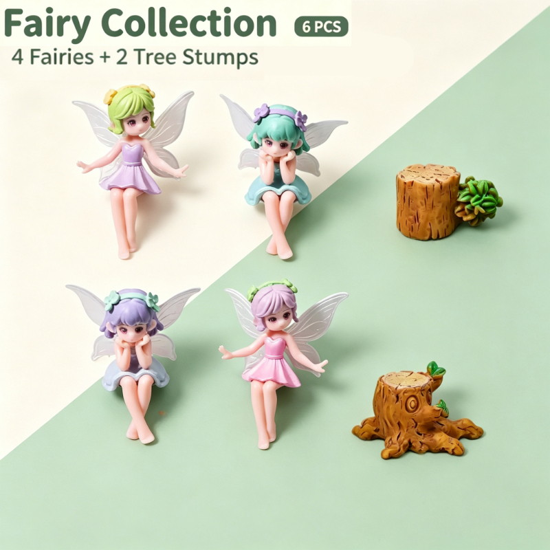 TEMU Lot de 6 figurines d'elfe fée à ailes transparentes en résine avec base réaliste en souche d'arbre et décor de terrarium miniature à la mousse,