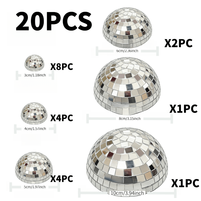 E-shop 20-teiliges Set silbrige Halbspiegel-Diskokugeln, reflektierende Disko-Halbkugel-Ornamente in verschiedenen Größen, ideal für DIY-Wanddeko,