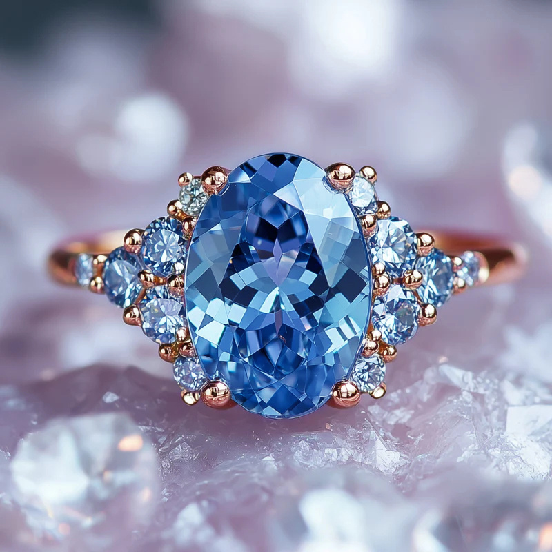 TEMU Luxury Engagement Ring Featuring A 4-claw Design With Blue Zirconia, Perfect For Wedding Proposals And Anniversary Gifts