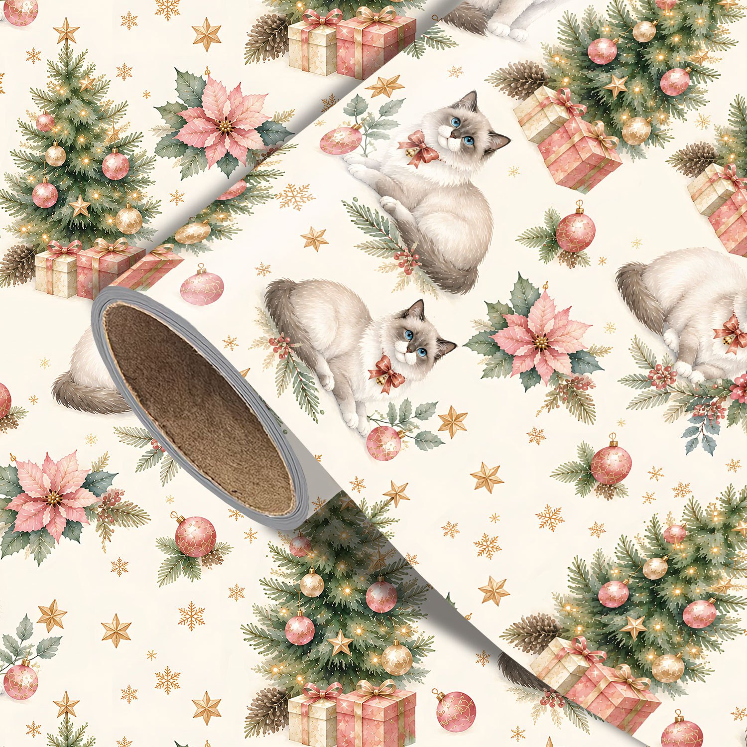 TEMU Funny Christmas Wrapping Paper Roll - Measures 17.7 Inches X 118 Inches, Watercolor Ragdoll Cat Poinsettia Print, Wrapping Xmas Gifts, Making
