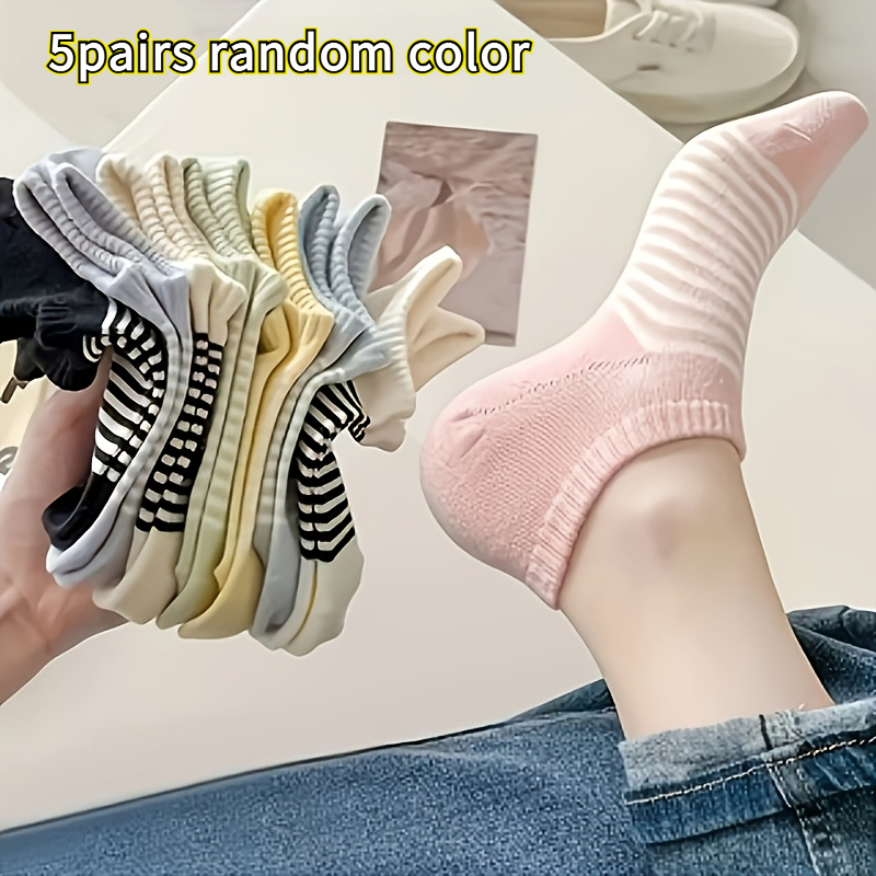 TEMU 5 Pairs Random Color Women's Striped Ankle Socks - Colors (black, White, Beige, Light Blue, Pink) - Soft And Breathable, Casual Wear Invisible