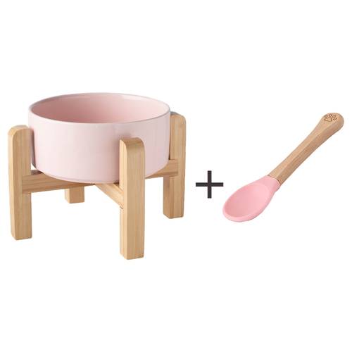 Stylish Elevated Ceramic Pet Feeder Bowl with Natural Bamboo Raised Stand, Anti-Slip Raised Food Water for Small Medium Pets, with Color- Feeding Spoon, Assorted Colors Option