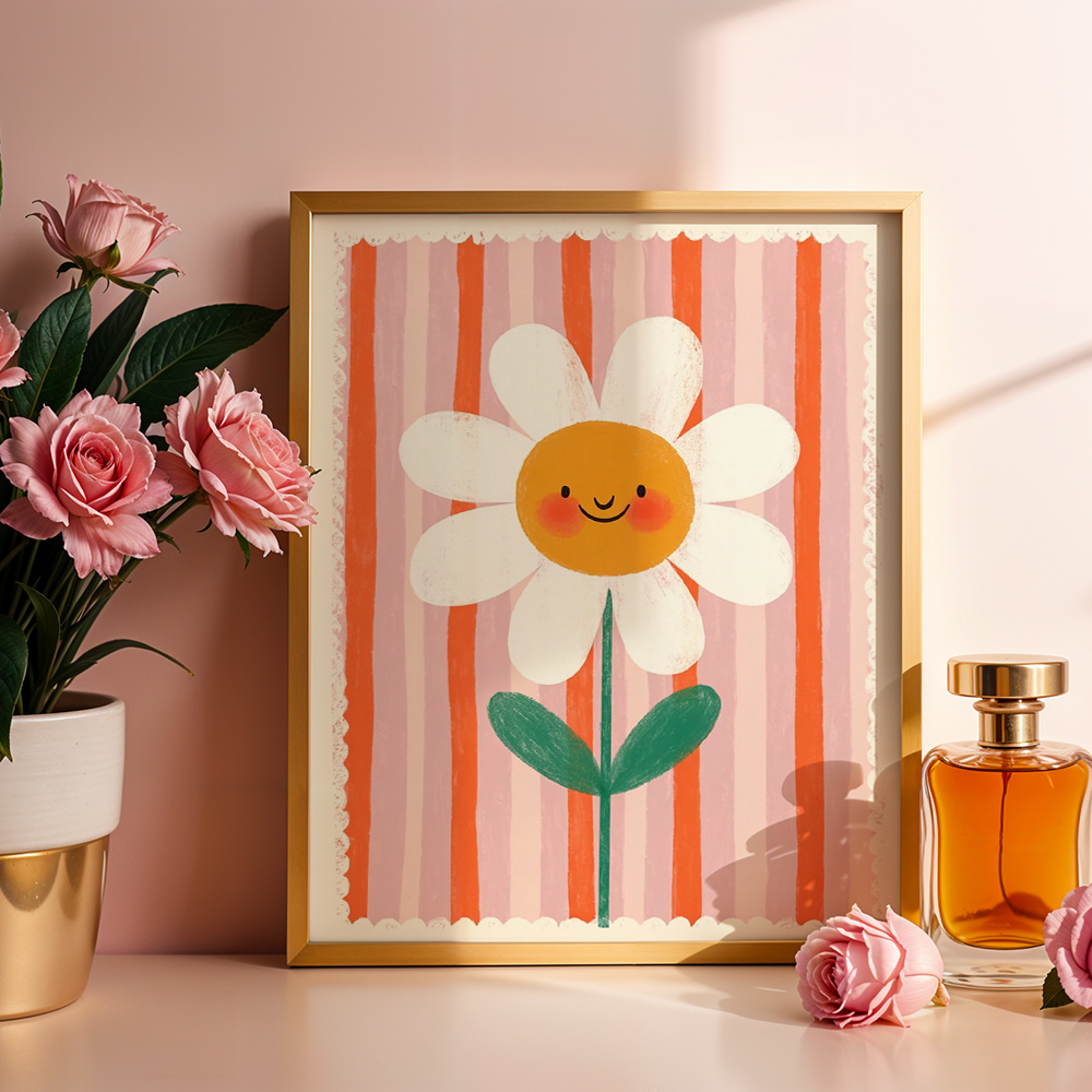 TEMU 2D Plat, 2D Plat, Schattige en Grillige Muurkunst Bloem Posters Vrolijke Canvas Prints Bloemige Muurdecoratie Canvas Kunst Print voor Slaapkamer