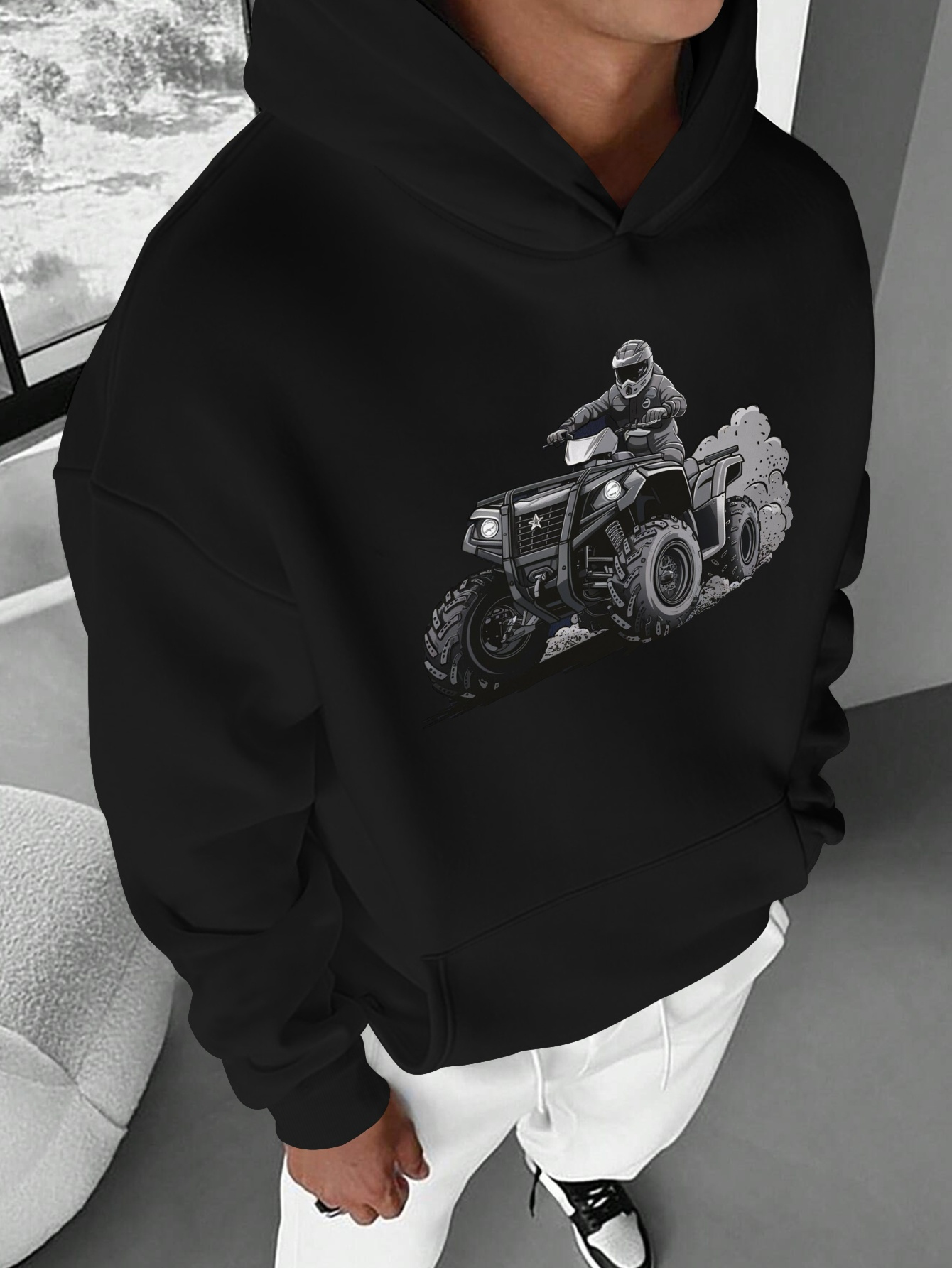 mens casual polyester hoodie with     rider print long sleeve loose   fabric front pocket detail ideal for fall winter outdoor activities casual wear hoodie     durable casualwear riding hoodie