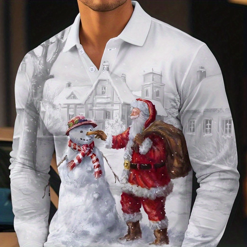 

Men's Festive Christmas Santa & Snowman 3d Print Shirt - Casual Long Sleeve, Button-up Collar, Polyester , Machine Washable - Business Or Home