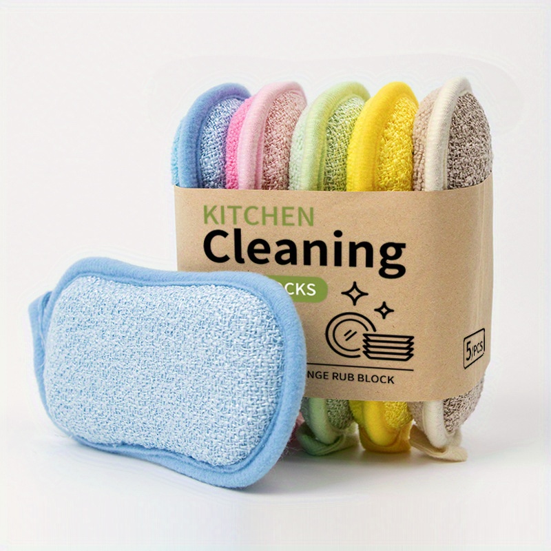 5pcs multi functional bamboo fiber   washable reusable kitchen bathroom cleaning tools   scrubber for pots pans dishes countertops assorted colors   green yellow   scrubber sponge kitchen cleaning essentials   design durable cleaning tool