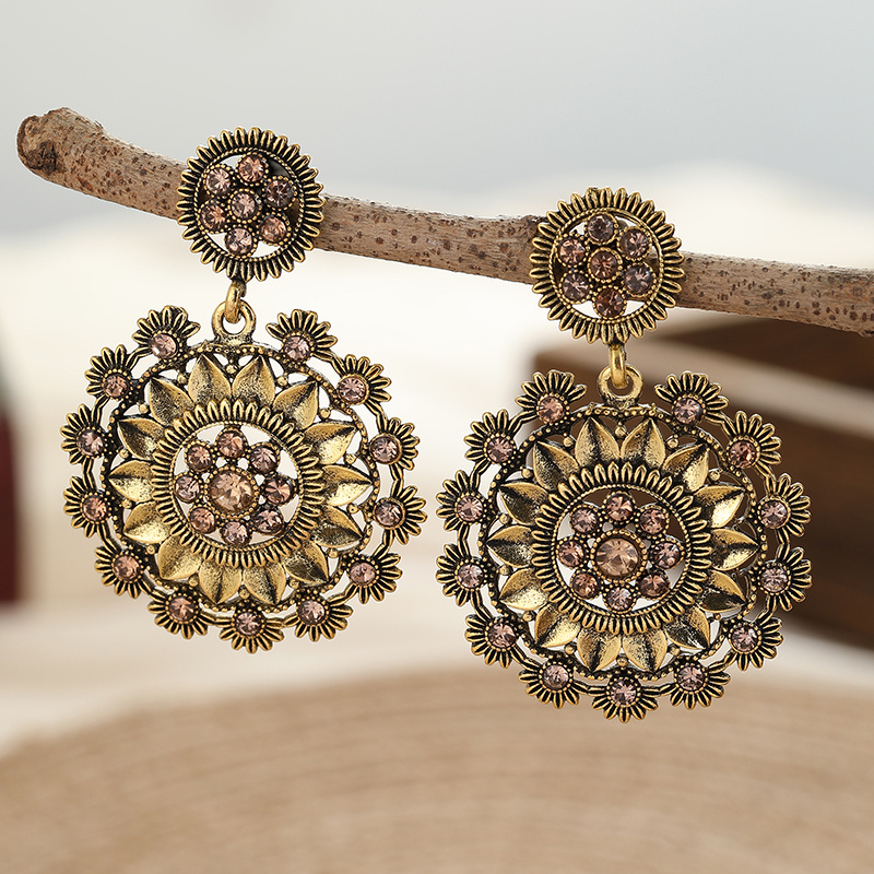 Image of Luxurious Copper Flower Carved Exaggerated Earrings, Perfect For Women's Banquets And Parties As Stunning Additions