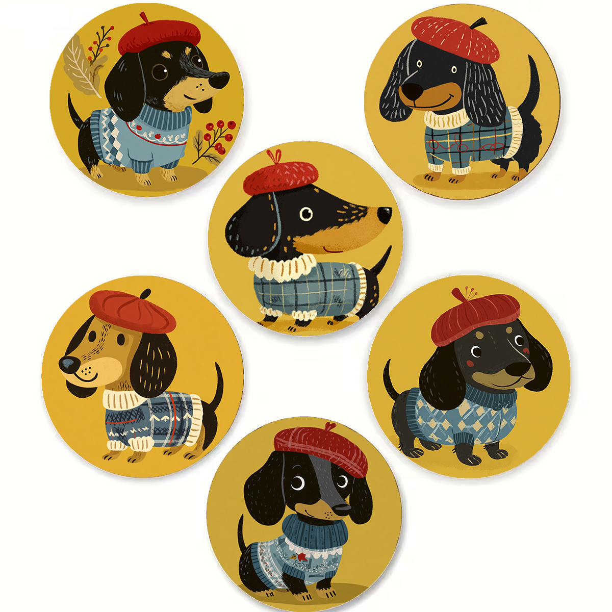 TEMU 6pcs Wooden Coasters, Creative Dachshund Pattern Cartoon Animal Table Mats, Non-slip Heat-resistant Coaster Set, Coffee Cup Tea Cup Pads, Home