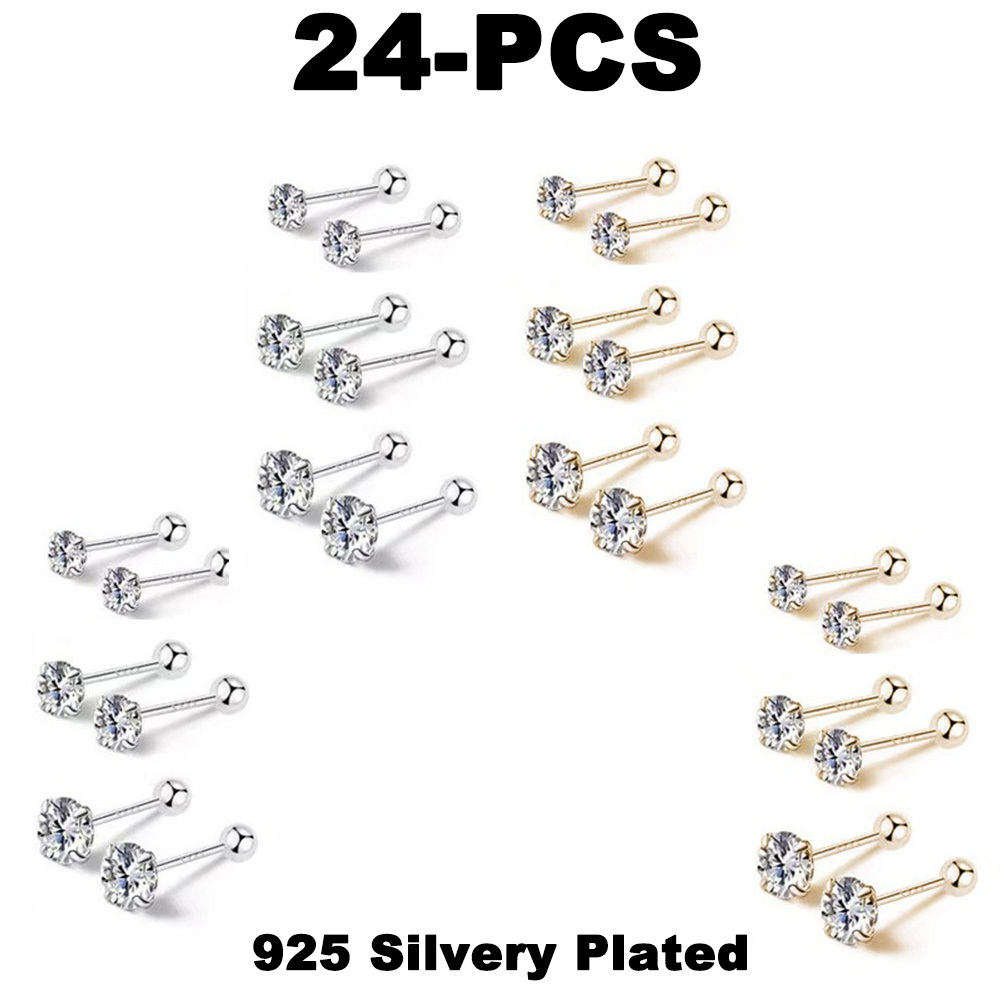 TEMU 24pcs Luxurious Women 925 Silvery Plated Ear Stud Elegant Exquisite Shiny Cubic Synthetic Zirconia Earrings Set 12-pairs Cartilage Piercing