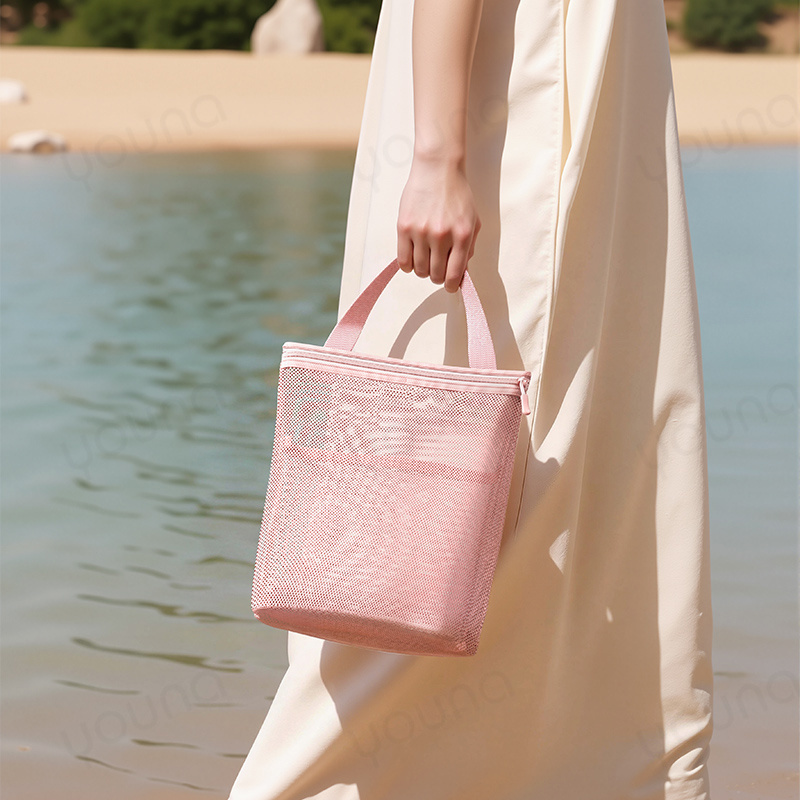 TEMU 1pc Zipper Mesh Handbag Tote Bag, Portable Breathable Pink Mesh Storage Bag, Lightweight Transparent Storage Bag Suitable For Fitness, Beach,