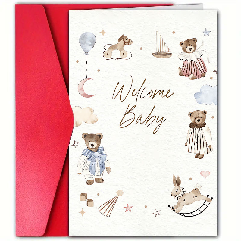 

1pc, Bear "welcome Baby" Greeting Card With Envelope (4.7x7.1 Inches), Paper Card For Newborn, Suitable For Mother, Neighbor, Friend, Sister, Baby Shower & Pregnancy Celebration