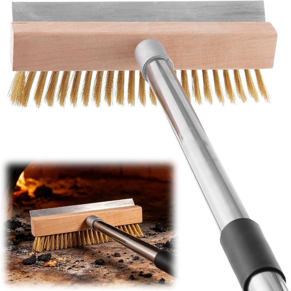 TEMU 1pc Adjustable Pizza Oven Brush With Scraper, Brass Bristles Pizza Stone Brush With Detachable Handle, Pizza Oven Accessories For Cleaning Pizza