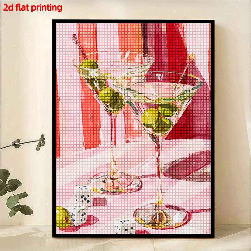 TEMU 2D Plat Bedrukt Rond Volledig Geboorde Lijstloze Diamant Schilderij voor Volwassenen - Cocktailglas en Olijf, Geschikt voor Knutsel Liefhebbers,