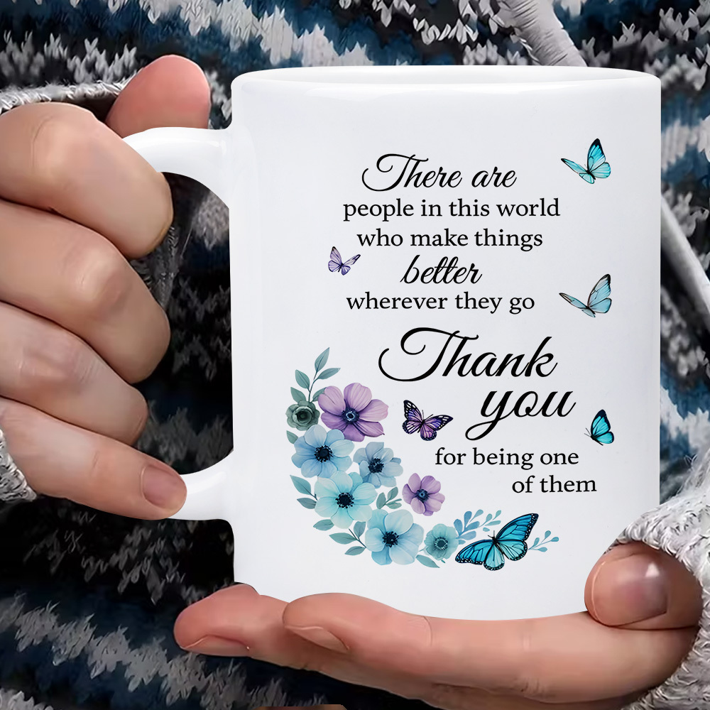 TEMU 1pc Elegant White Ceramic Coffee Mug With Blue Purple Floral & Thank You Message - Lip-fit Rim Suitable For Tea/coffee Cups, Grateful Gift For,,