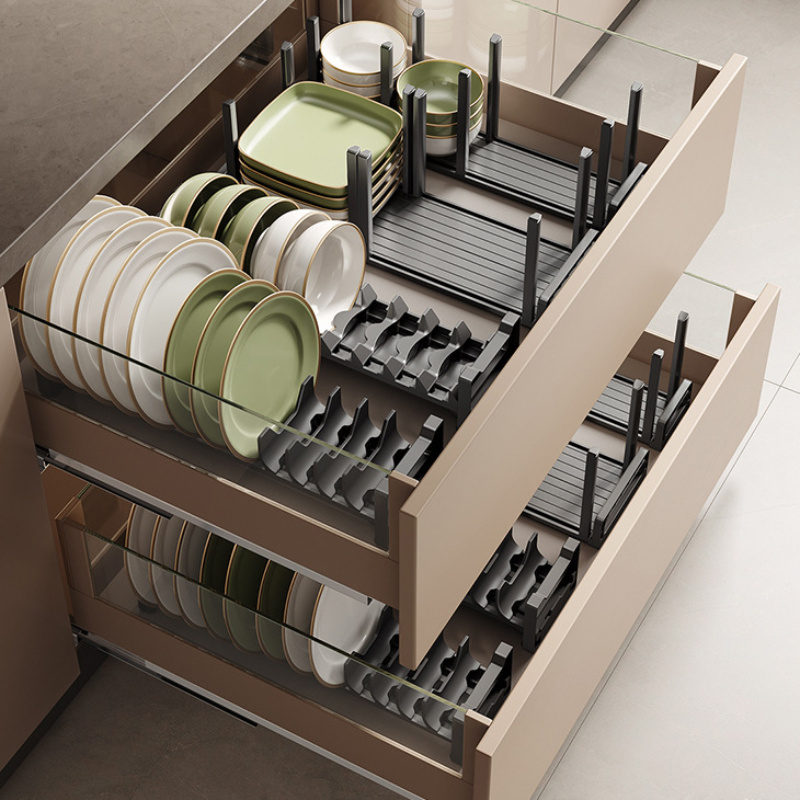 adjustable aluminum and abs kitchen drawer organizer with divided shelves for plates bowls and cups space saving storage solution for modern kitchens kitchen storage solution sleek kitchenware holder adjustable shelves 0