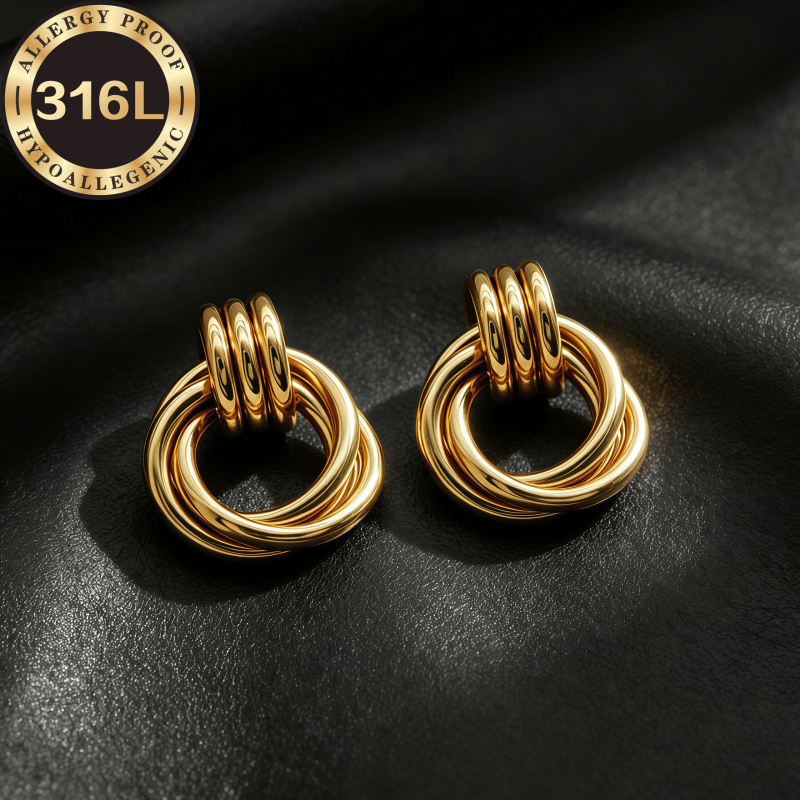TEMU Boucles d'oreilles dorées hypoallergéniques haut de gamme en acier 31, boucles d'oreilles semi-circulaires à anneaux et six patchwork pour
