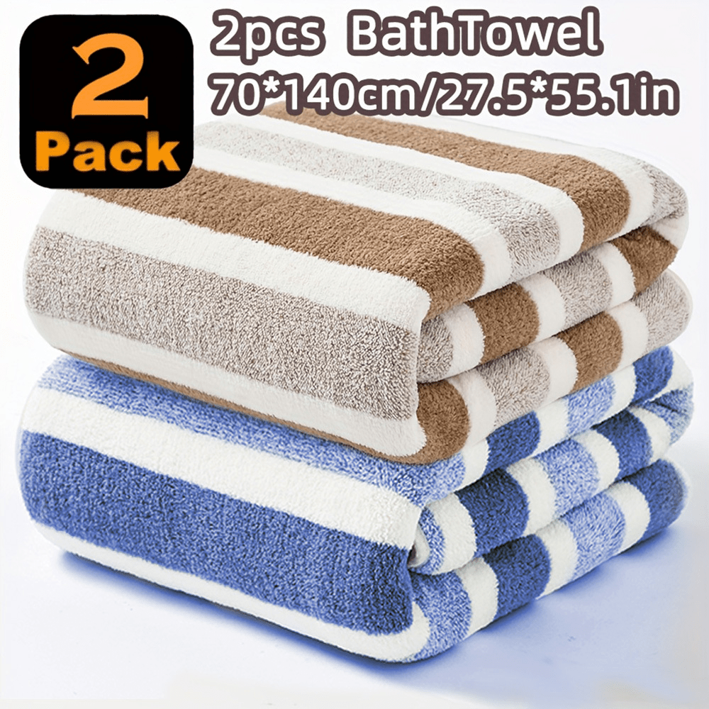 TEMU 2pcs Striped Bath Towel Set, 70x140cm | 2pcs Coral Fleece Bath Towel, Thickened Soft Striped Bath Towel Quick Dry Absorbent Bath Towel Towel For