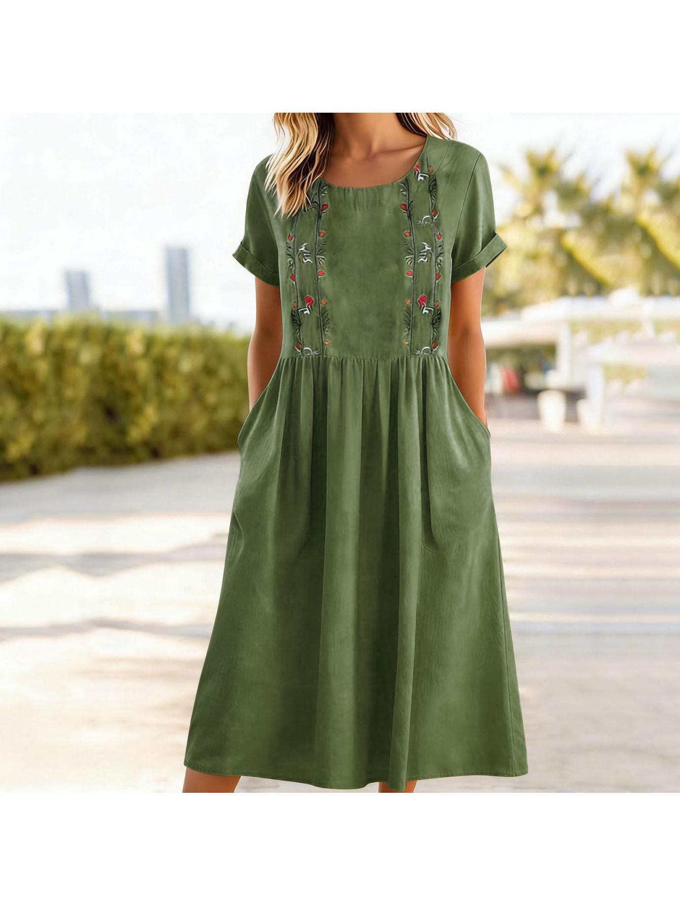 Women's Summer Dresses | Women's Embroidered Print Round-Neck Short-Sleeve  Long Dress with Pockets | Ethnic Bohemian-Style Long Dress | Black, Green,  Gray, Navy, Pink, Yellow