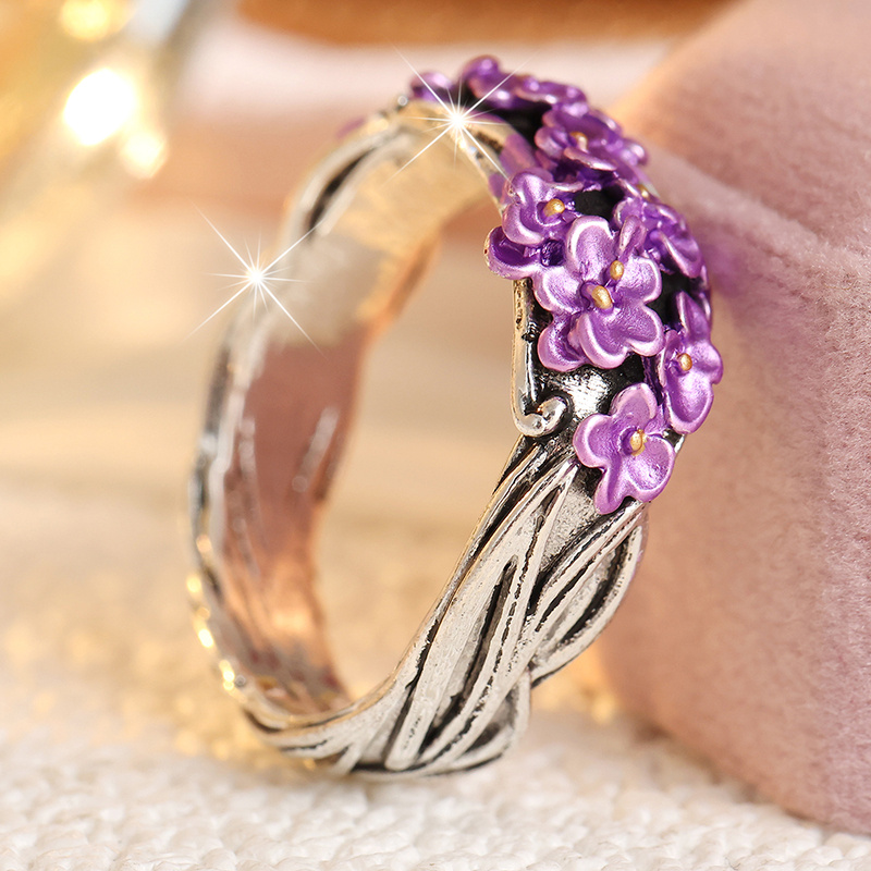 Women's Romantic Silvery Purple Lilac Flower Ring