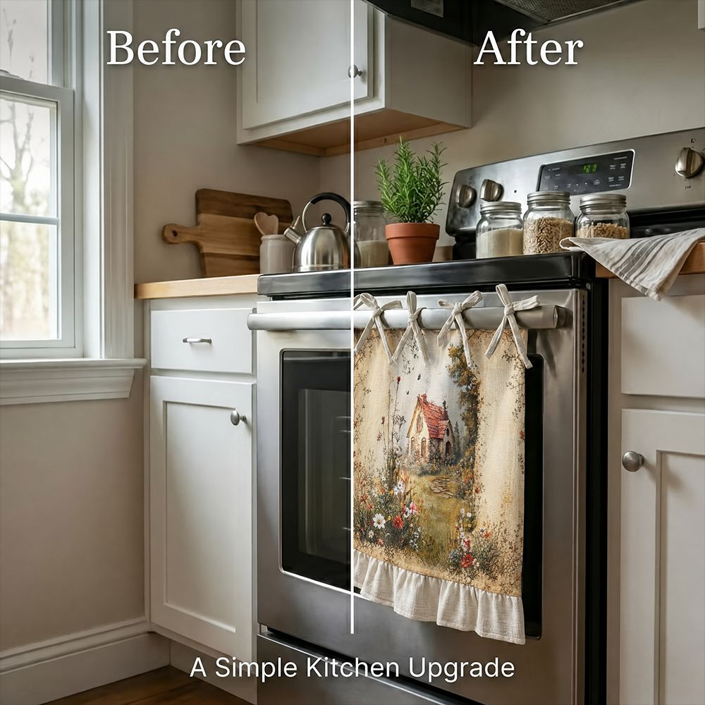 TEMU Kitchen Apron Rustic Cottage Scene Multifunctional Oven Protective Curtain, Suitable For Ovens And Stove Covers, Cabinet Protection Boards,