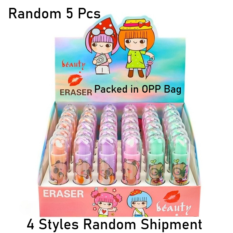 TEMU Random 5pcs For Capybara Lipstick Shaped Erasers, 4 Styles Random , Cute Cartoon Stationery, Perfect Gift For Capybara Lovers, Packed In Opp Bag