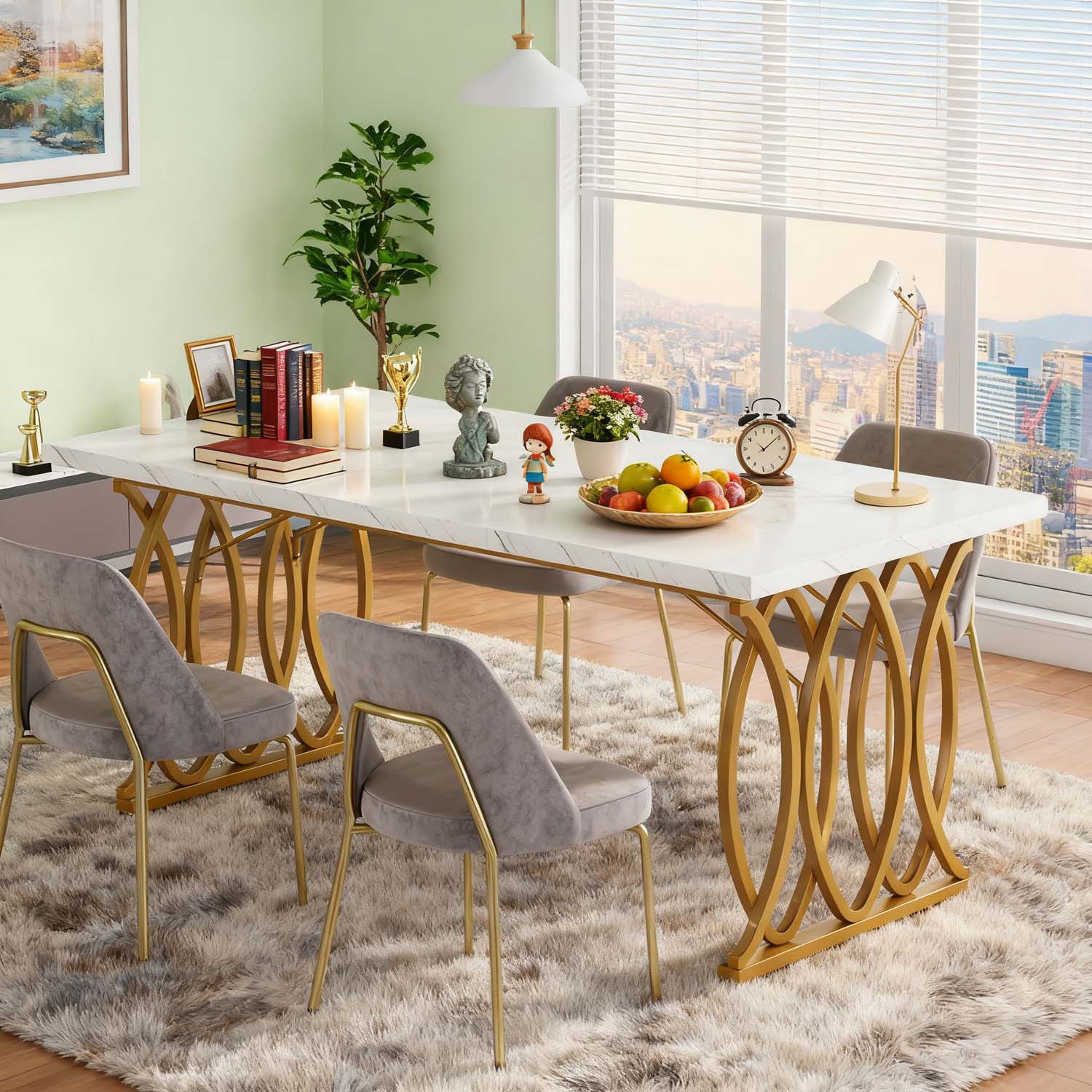 Image of 63" Modern Large Office Desk - Christmas Edition Spacious Rectangular Workstation For Home Office, Marble Desktop With Geometric Metal Legs, Ideal Computer Writing Table
