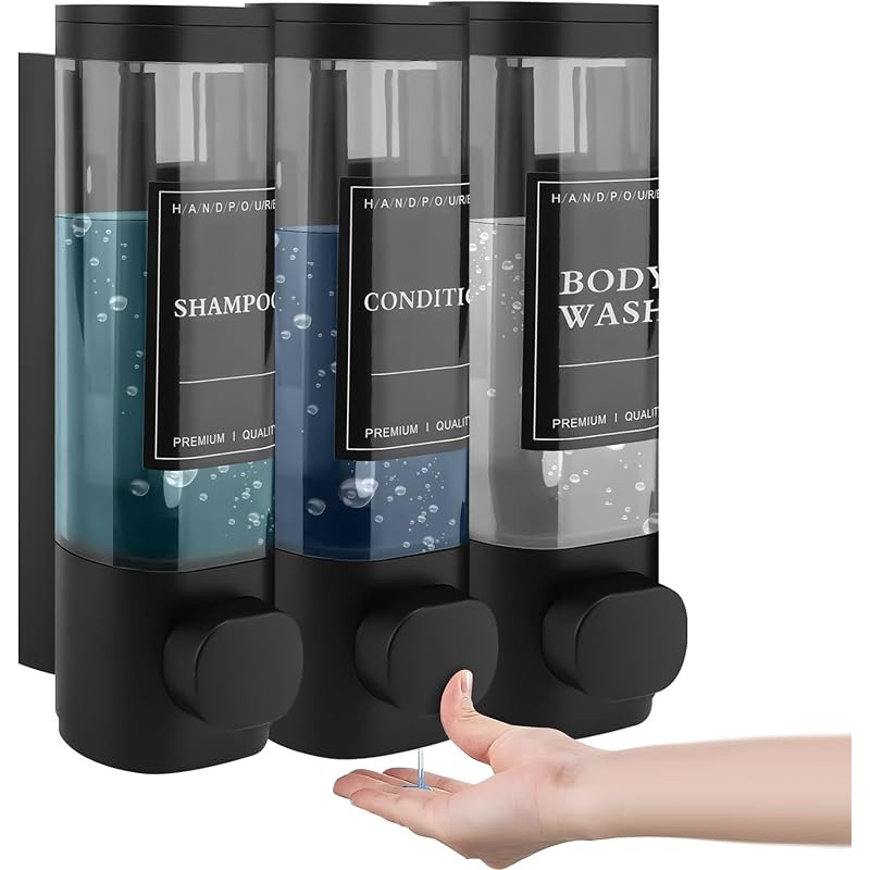 TEMU 1 stuk wandgemonteerde zeepdispenser, douchegel dispenser, drievoudige shampoos en conditioners dispenser, geen boren vereist, gemaakt van ABS