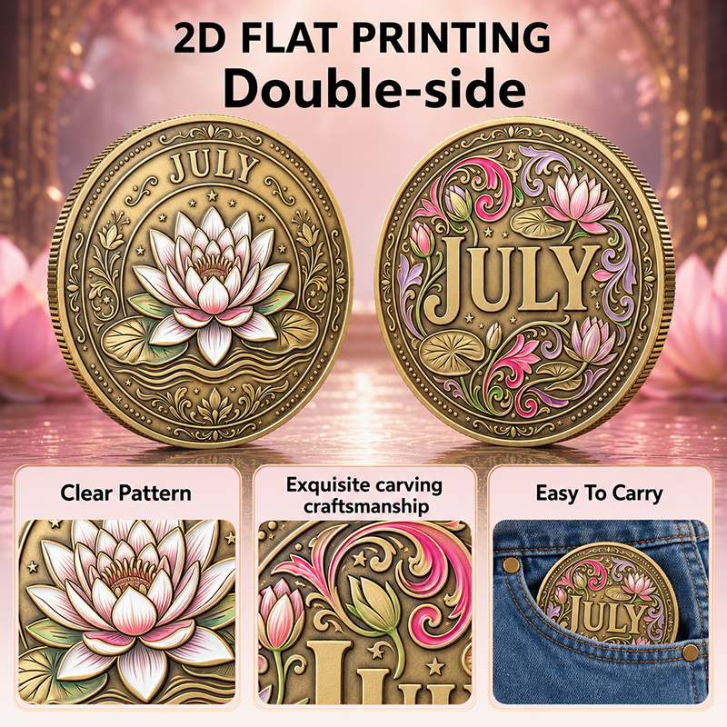 TEMU 1pc, 2d Flat, July Water Lily Flower Coin, Symbolizing Peace, Renewal, Purity, And - Inspirational Charm For And Life Balance, Portable Pocket