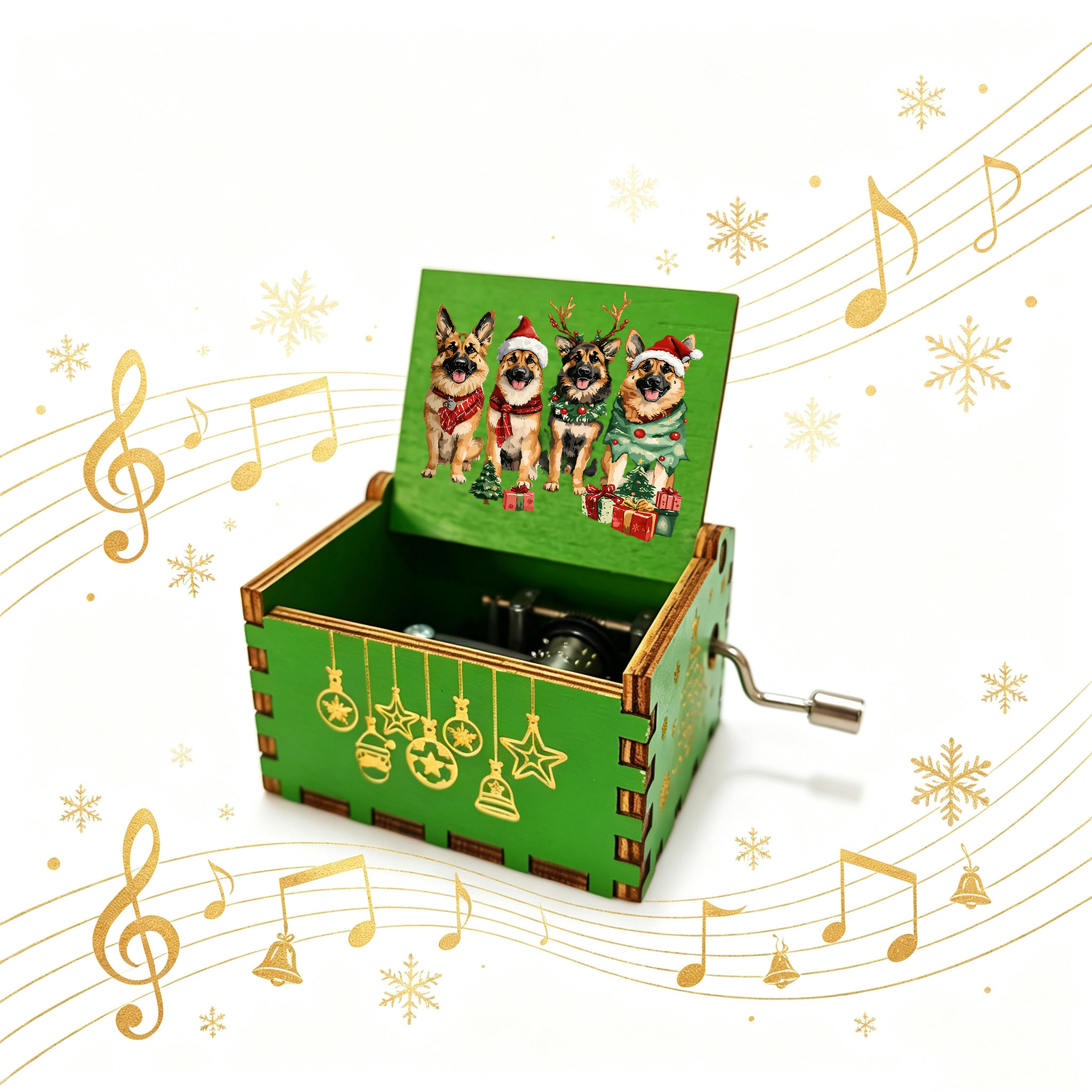 TEMU 1pc Christmas Style German Shepherd Pattern Wooden Music Box Hand-crank Sound Box Painted With Cute Dogs In Festive Attire Surrounded By