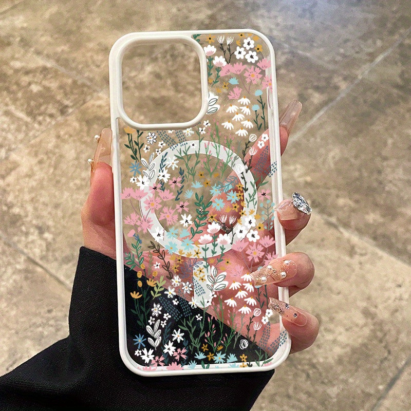 [Magnetic iPhone Case] Magnetic iPhone Case | Breezy Floral Patches Pattern Matte Lightweight Drop Protection Silicone Smartphone Cover for iPhone 16 Pro Max 15 Plus 14 13 12 11 XS Max XR X